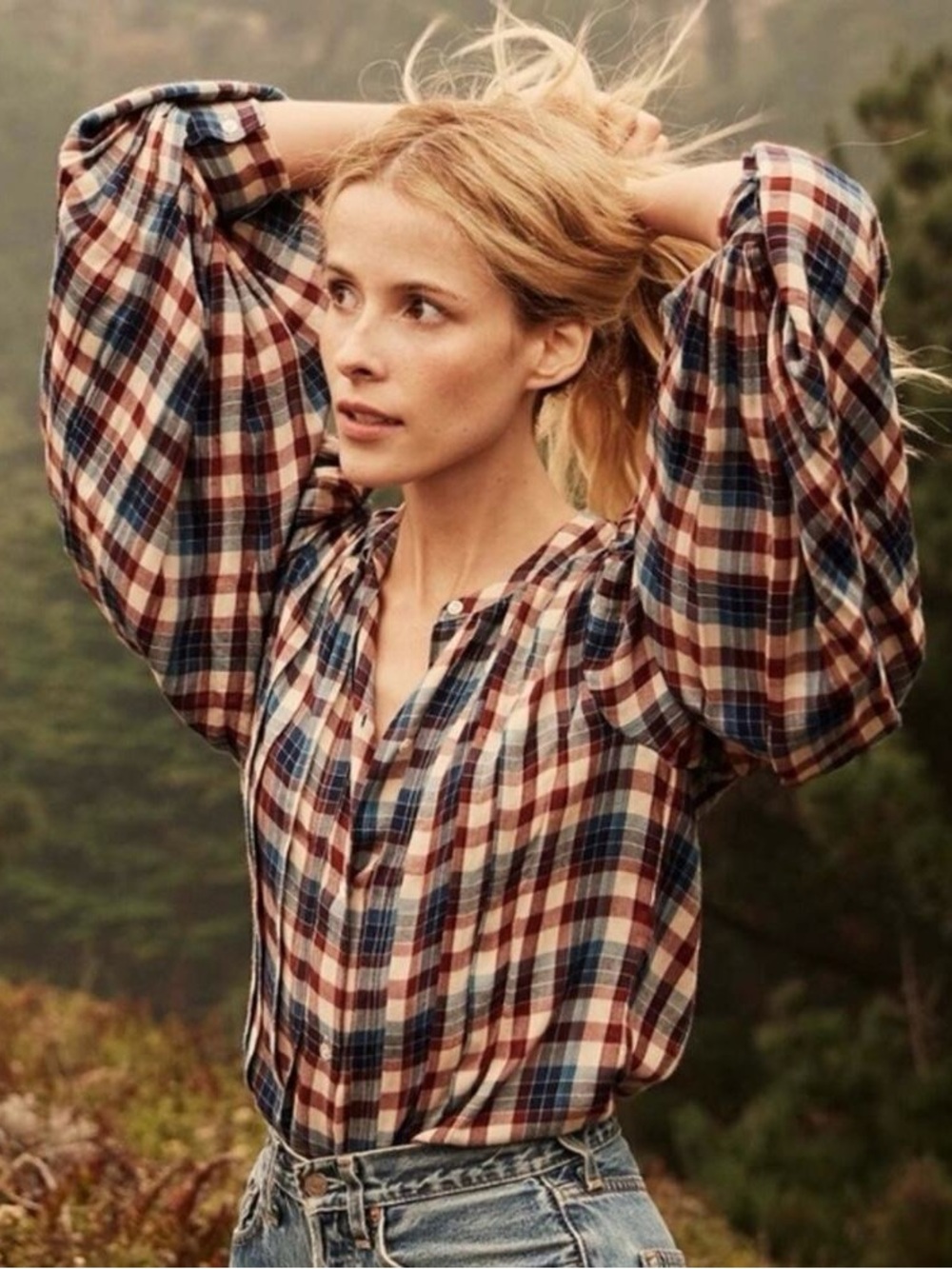 DÔEN Harlow Blouse Belleville Plaid Size S Button Down Balloon Sleeve